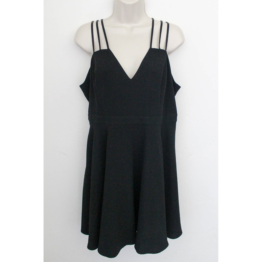 Bebe Mini Dress Large Black Strappy Fit Flare Party Plunge Neck Cocktail